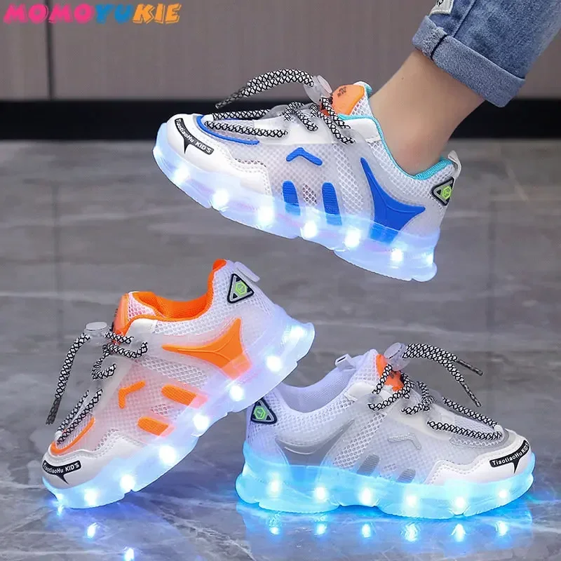 Zapatillas de deporte de verano 2023 para niñas, niños, zapatillas Led de malla, zapatos informales transpirables, carga USB, zapatos LED para