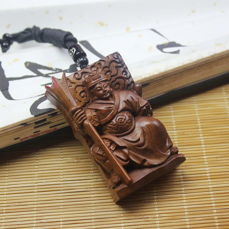 Chinese Traditional Carved Thunder Struck Jujube Wood Erlang God Cinnabar Pendant Auspicious Lucky Taoist Amulet Necklace For