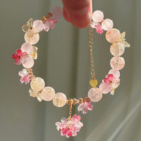 Pink Plum Cherry Blossom Crystal Butterfly Flower Berry Bracelet Women and Girls Sweet Delicat Jewelry Gifts