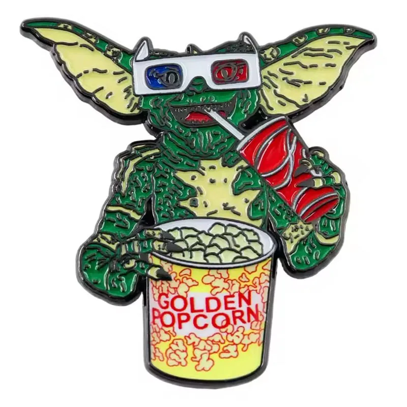 Película de palomitas de maíz doradas, gafas 3D, broche esmaltado, decoración de terror de los años 80, Pin de solapa, regalo para seguidores nostálgicos, accesorios de insignia de recuerdo de película
