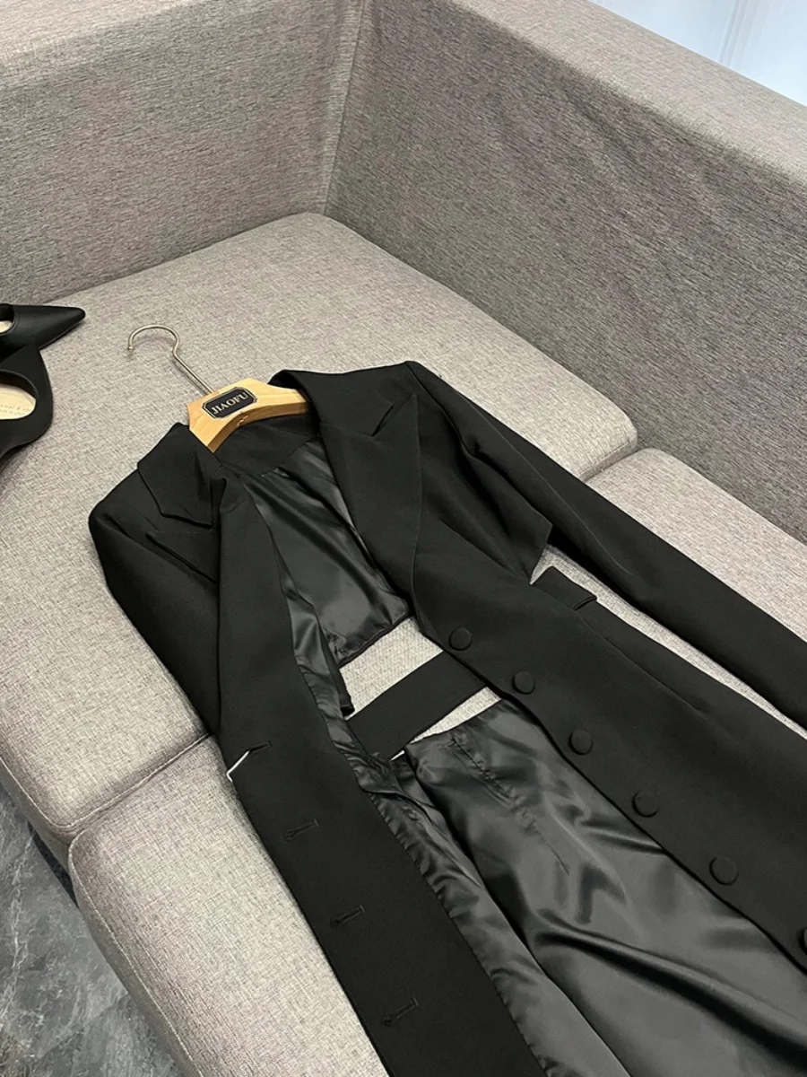 

Ele Long Line Suit Jaet Hollow out Waist Design Pure Color High End Feel Commute Sle Women's Faion Outerwear