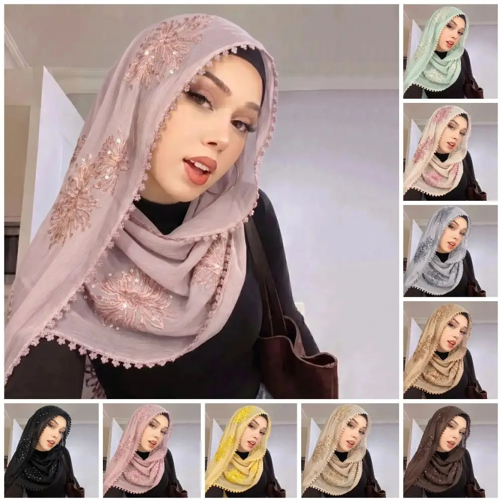 Casual Elegant Islamic Headscarf Solid Color Full Cover Arabic Hijab Hats Lightweight Soft Sequin Wraps Shawl Daily Wear