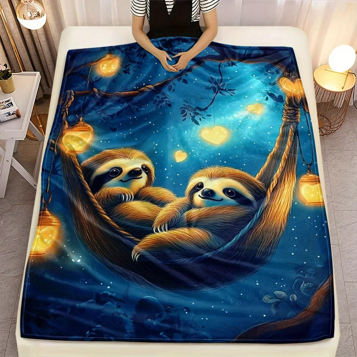 1pc Sloth Couple In Hammock Lanterns Night Sky Fleece Blanket Soft Cozy Throw For Bedroom Decor Relaxing Design