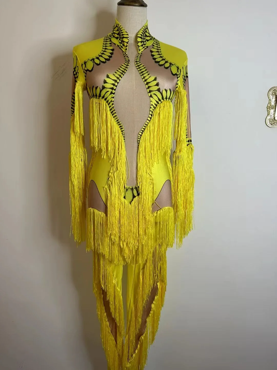 Yellow Tassel Jumpsuit Women Long SleeveSpandex Skinny Fringe Leotard Sexy Stage WearDJ Singer Dancer Party Show Costume B021