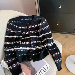 Deeptown Vintage Striped Women Sweater Harajuku Embroidery Long Sleeve Warm Knit Cardigan Slim Autumn Korean Fashion Knitwear