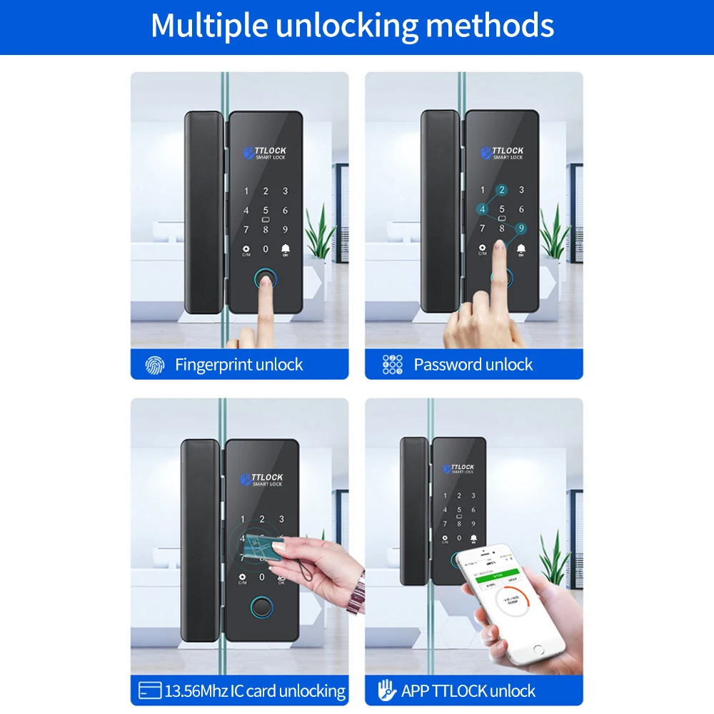 Digital Fingerprint Glass Door Lock Remote Control Bluetooth TTLock App Passcode Rfid Card Keyless Smart Lock and WIFI Gateway