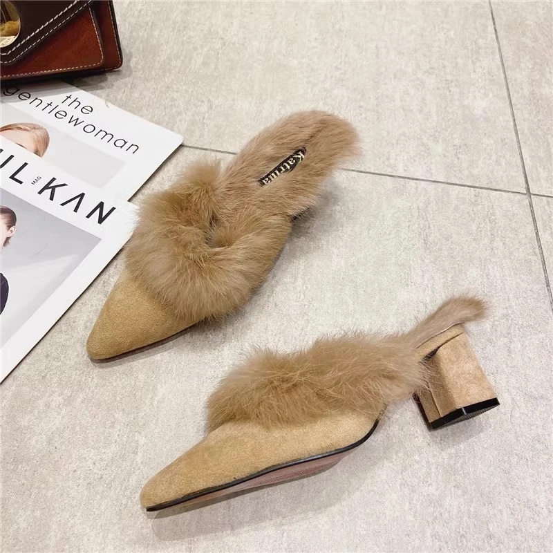 LazySealern Square Heel Warm Real Rabbit Hair Slippers Winter Pointed Toe Luxury Fur Square Heel Lady Mujer Indoor Slides