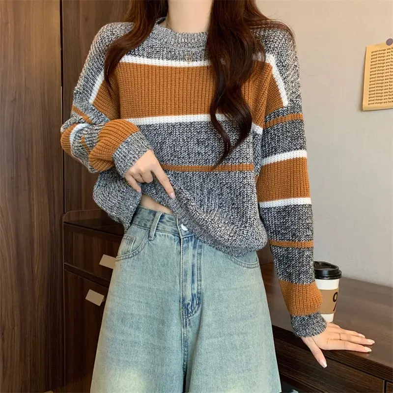 Vintage O-neck Contrast Striped Pullovers Autumn Winter New Long Sleeve Loose Youth Lazy Sweaters Fashion Casual Women Clothing