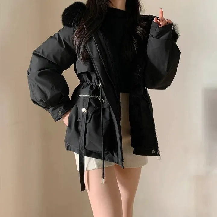 

Women's Chic Fce-Lined Cotton Jaet Coat with Waist-Cinching Large Fur Collar Versatile Autumn Winter Slimming Hooded