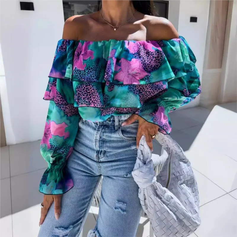 Spring And Autumn Sexy Fashion One Line Neck Off Shoulder Printed Shirt Elegant Women\'s Ruffle Edge Long Sleeved Casual Blouse