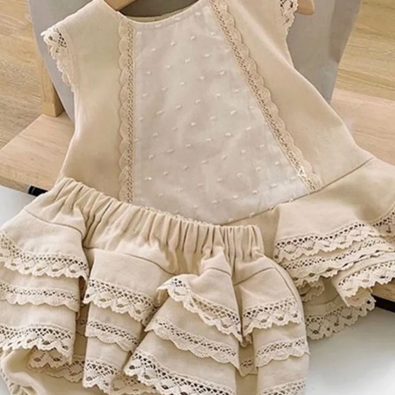 

Toddler Kids Girls Cute Princess Ruffle Sleeveless Lace Tops Bloomers Shorts Layered Hem Tiered Summer Casual Clothes Outfits