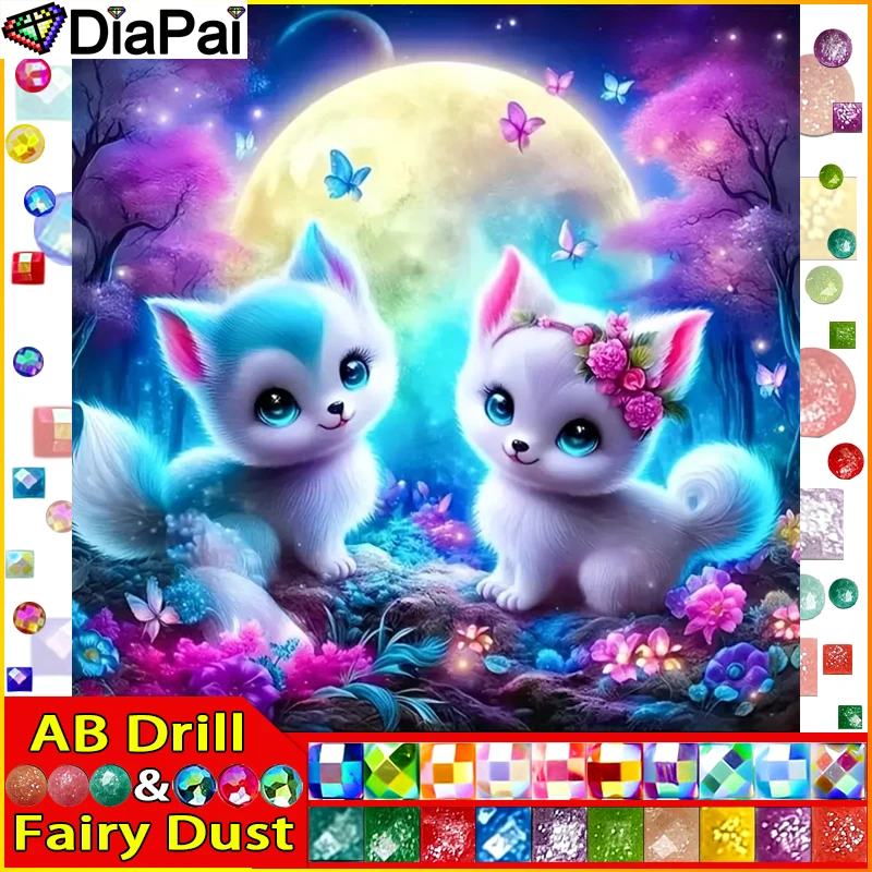 DiaPai Fairy Dust AB Vollbohrer Diamantgemälde „Tier Fuchs Mond“ DIY Bild von Strass 5D Diamant Stickerei Dekor