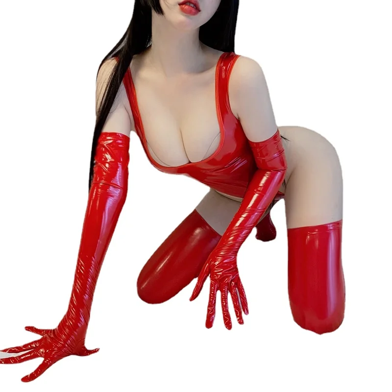 Women PVC Leather Bodysuits Sexy Party Black Low-cut Skinny Sleeveless Summer Highstreet Spaghetti Strap Red Rompers New