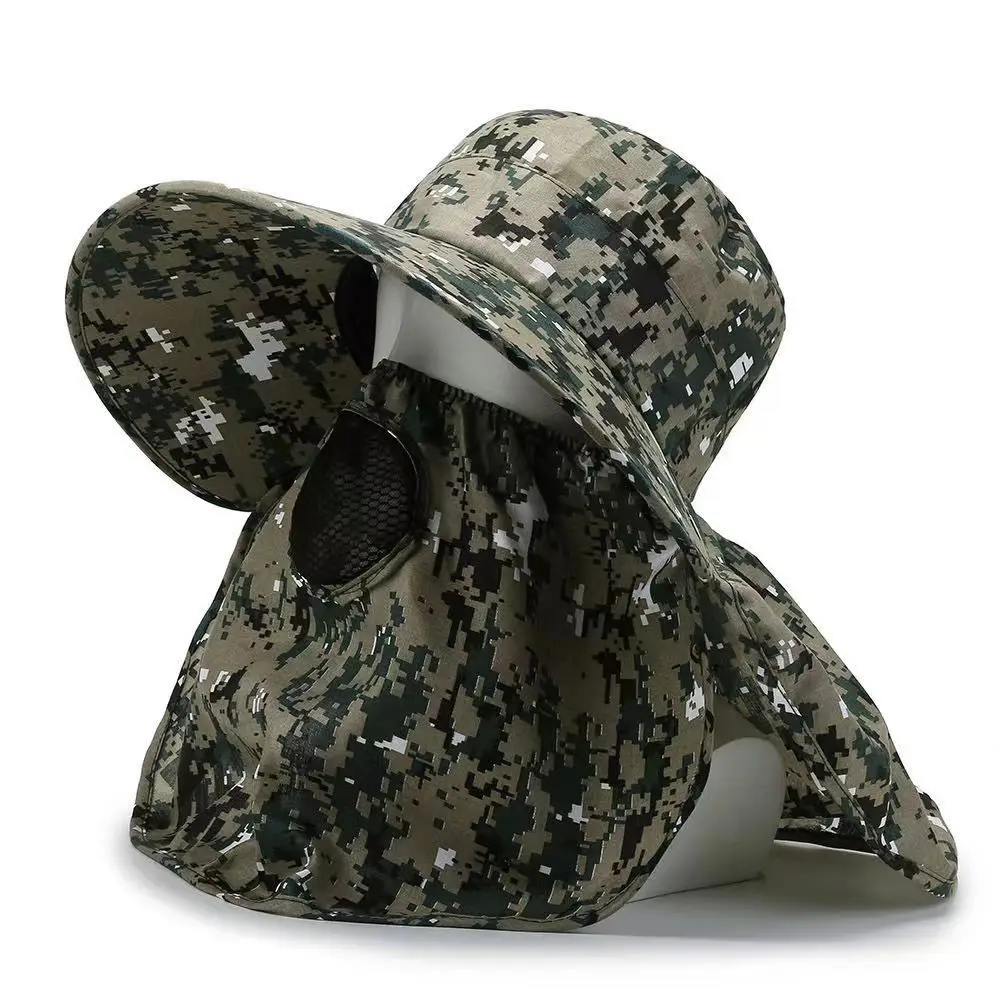 Camouflage Quick-drying Men Women Hat Outdoor Face Mask Wide Brim Bucket Hat Sun Protection Wide Brim Cap for Fishing Hunting