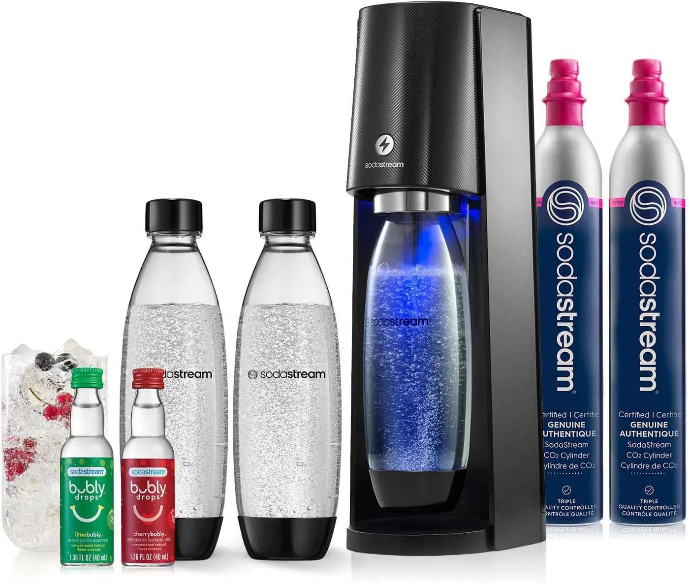 Soda Maker3 Automatic Carbonation Levels | Includes 2x CO2 Cylinders, 3x 32 Fl Oz Dishwasher Safe Bottles, 2x Bubly Fruit Flavor