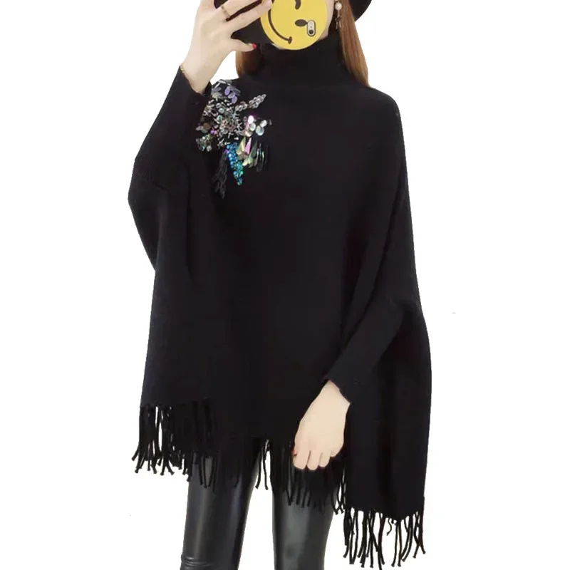 3 Style 4 Colors Winter Warm Knitted High Neck Beading Sequin Sweater Autumn Pullover Fashion Women Loose Tassel Poncho Knitwear