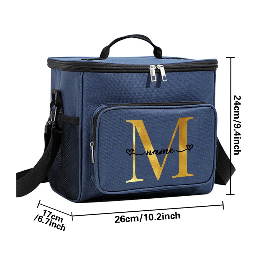 Customizable Name Blue Lunch Bag Insulated Handbag Multi functional Picnic Lunch Box Waterproof Lunch Box Gold Letter Series