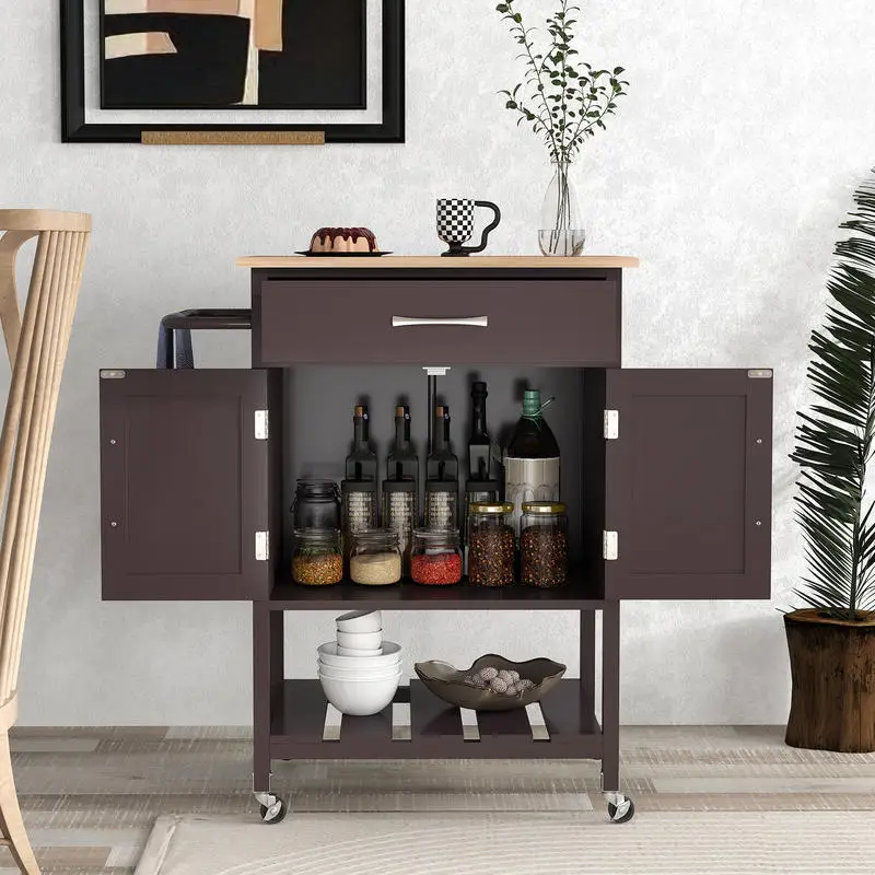 

Rolling Kitchen Island Cart with Drawer and Towel Rack-Brown