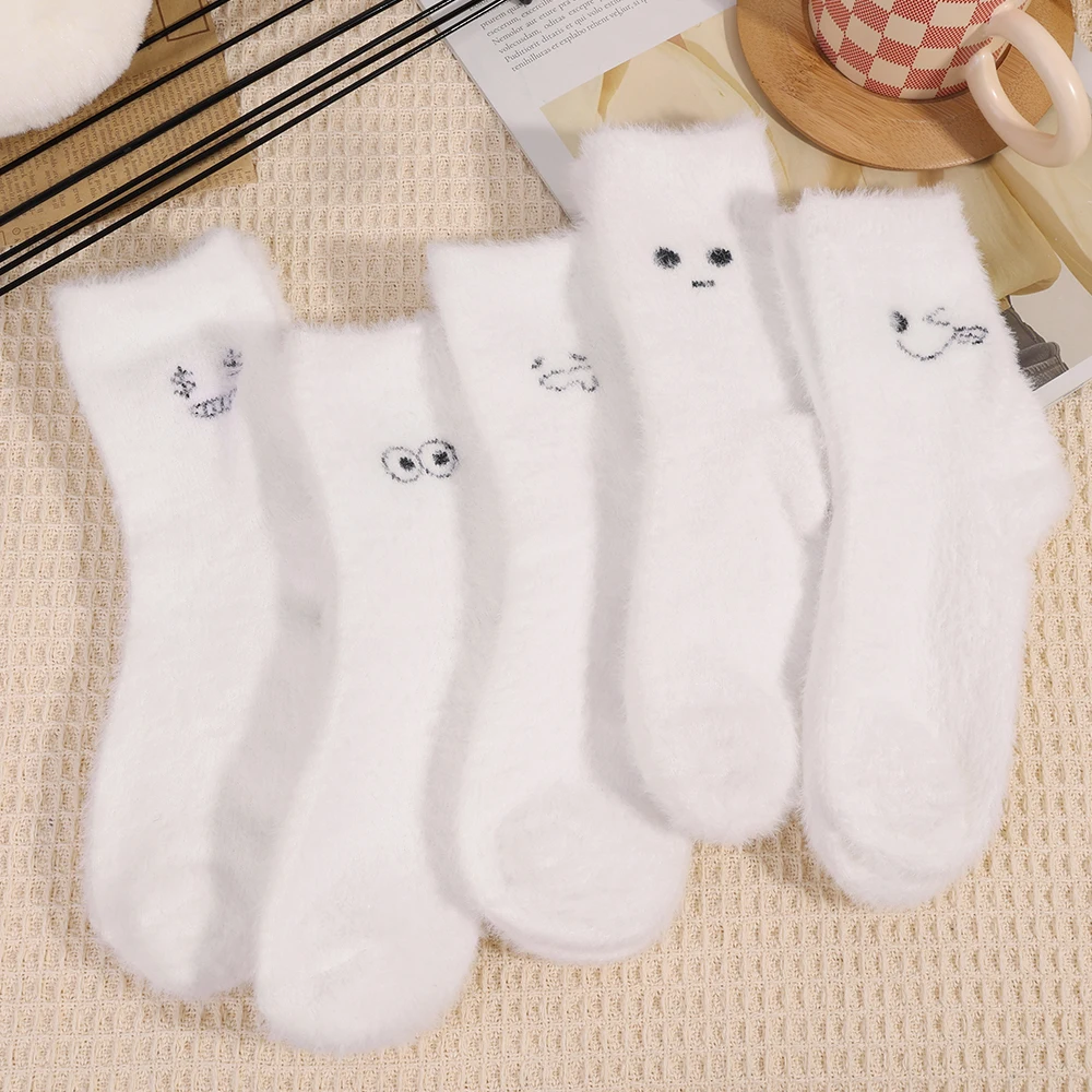 Soft Mink Fleece Socks for Women Ins White Cute Emoticon Winter Warm Thicken Coral Plush Sock Thermal Snow Home Sleep Floor Sox