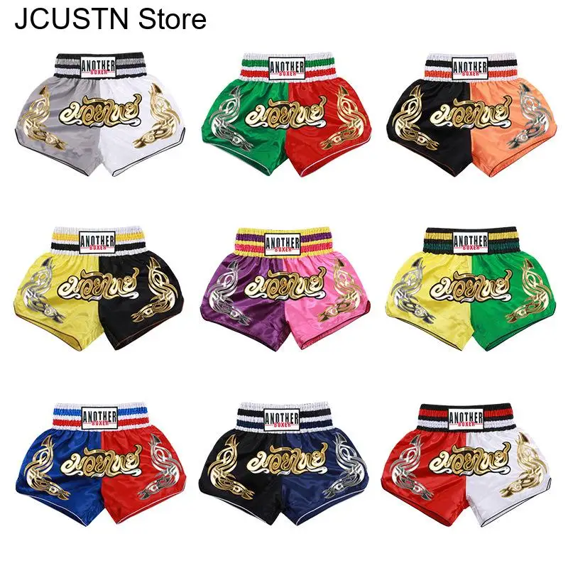 Muay Thai Shorts Men Women Kids Satin Boxing Trunks Embroidery Thai Boxing Shorts Combat Kickboxing Training Gym Team Shorts