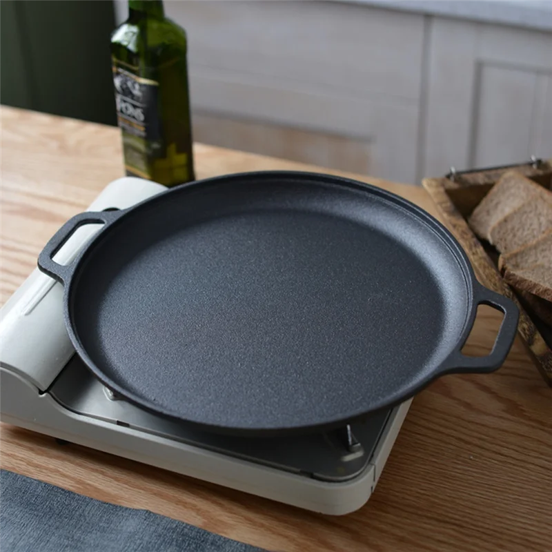 

75STO-Cast Iron BBQ Camping Frying Pan, Double Handle Non-Stick Pancake Pizza Pan, Steak Pork Chicken Cooking Pan, Cooking Pan