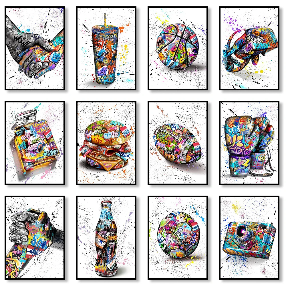 Straßen-Graffiti Leinwand-Kunstdruck Parfümflasche Basketball Fußball Dekorationsgemälde Wohnzimmer-Kunstposter für Heimwanddekoration