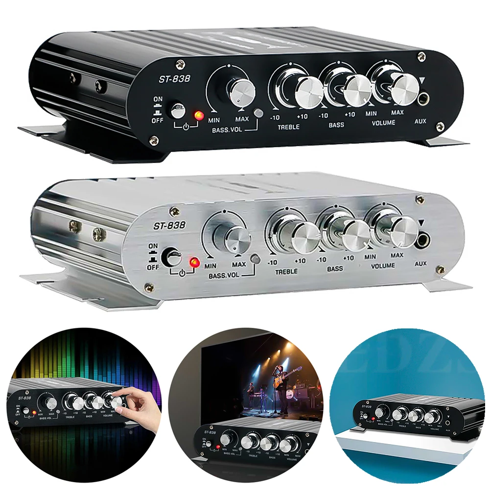 ST-838 HiFi 2.1 Channel Audio Amplifier Bass and Treble Adjustment 80W*2 Black Car Home Amp Mini Media Player