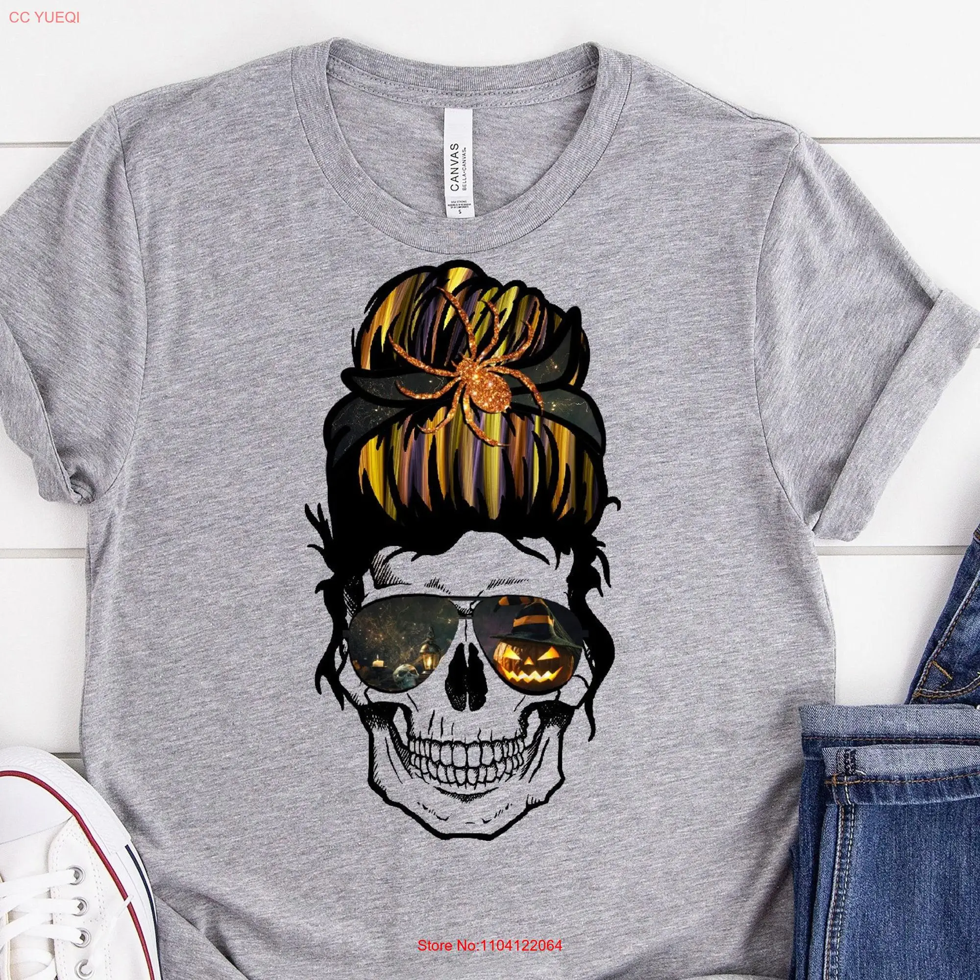 Halloween Skull T Shirt Momster Bun Spooky Mom long or short sleeves