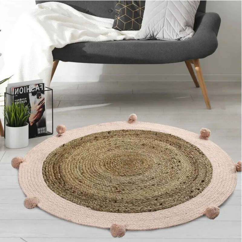 

Jute and Cotton Rug with Pompom Edging | Outdoor Patio Rug | Handmade Round Rug