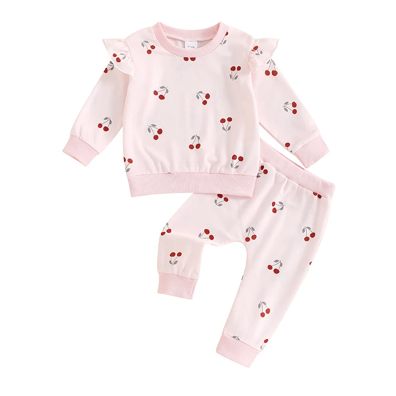 Baby Girl Fall Outfit, Cherry Print Round Neck Long Sleeve Tops Elastic Waist Pants 2 Piece Set