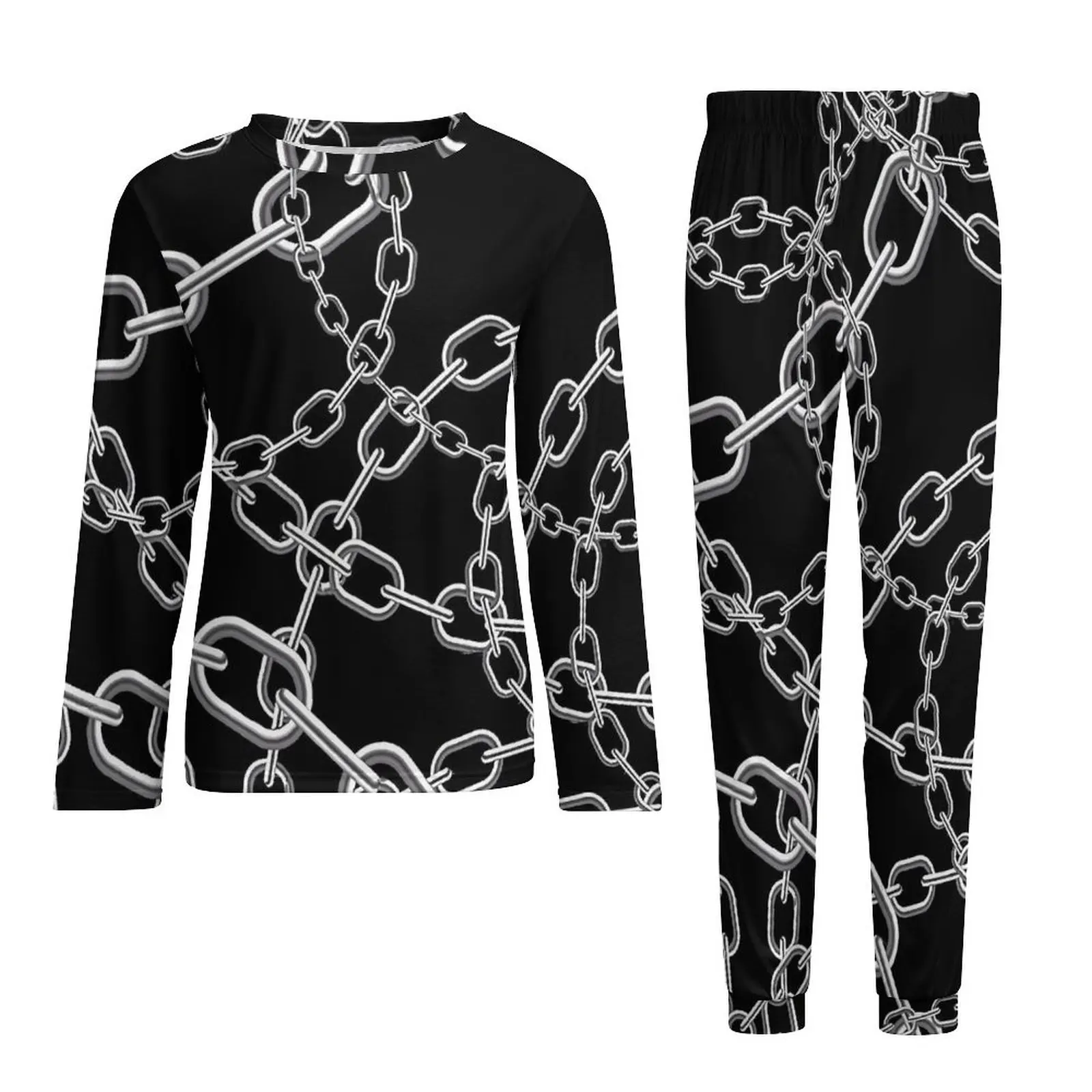 White Chain Pajamas Long Sleeve Links Print 2 Pieces Home Pajama Sets Autumn Men Design Fashion Big Size Sleepwear