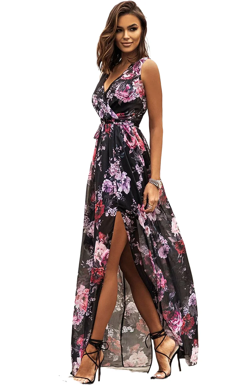 

Chiffon Flowers Print Long Dresses Women Sexy V-neck Backless Leace-up Slit Dress Fashion Temperament Lady Commuting Vestidos