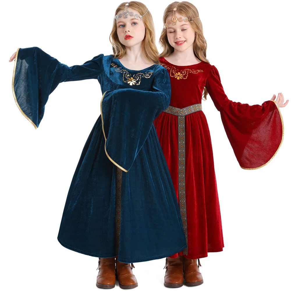 

Vintage Court Dress Girls Medieval Victorian Long Dresses Trumpet Bell Sleeve Kids Cosplay Costume Party Elegant Clothing