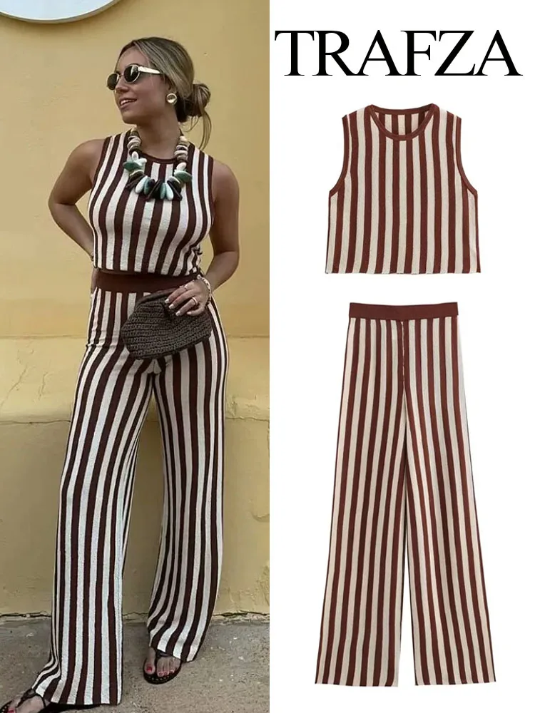 TRAFZA Women 2 Piece Set O Neck Sleeveless Knitted Stripe Short Vest Crop Top+High Waist Casual Slim Elastic Waist Wide Leg Pant