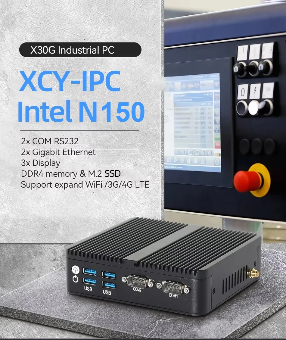 Intel N150 Fanless IoT Mini Industrial PC 2x Serial Ports RS232 2x Ethernet 2xHDMI 1xDP 6xUSB WiFi 4G Modem Windows11/10 Ubuntu