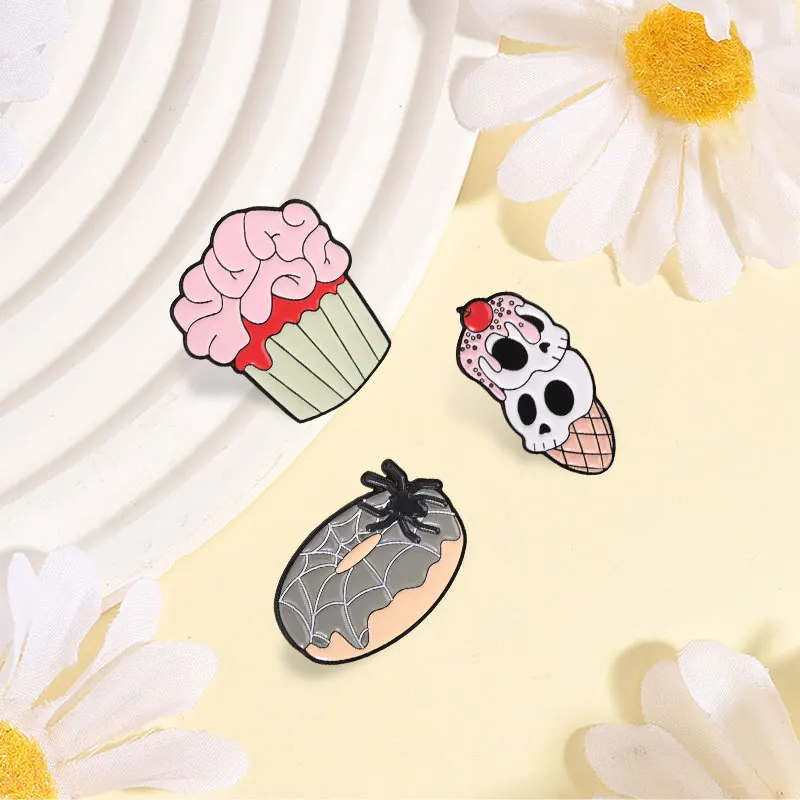Skull Ice Cream Cone Spider Web Donut Badge Enamel Pin Halloween Spooky Dessert Brain Cupcake Brooch Bag Lapel Badge Jewelry Pin