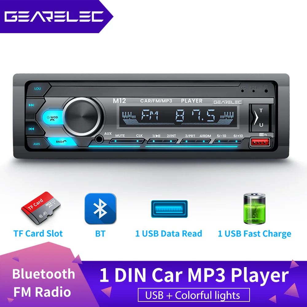 GEARELEC 1 DIN Car Radio Bluetooth 5.0 Handsfree MP3 Player FM AM Audio 12V USB/SD/AUX Input In Dash Locator 7 Color lighting