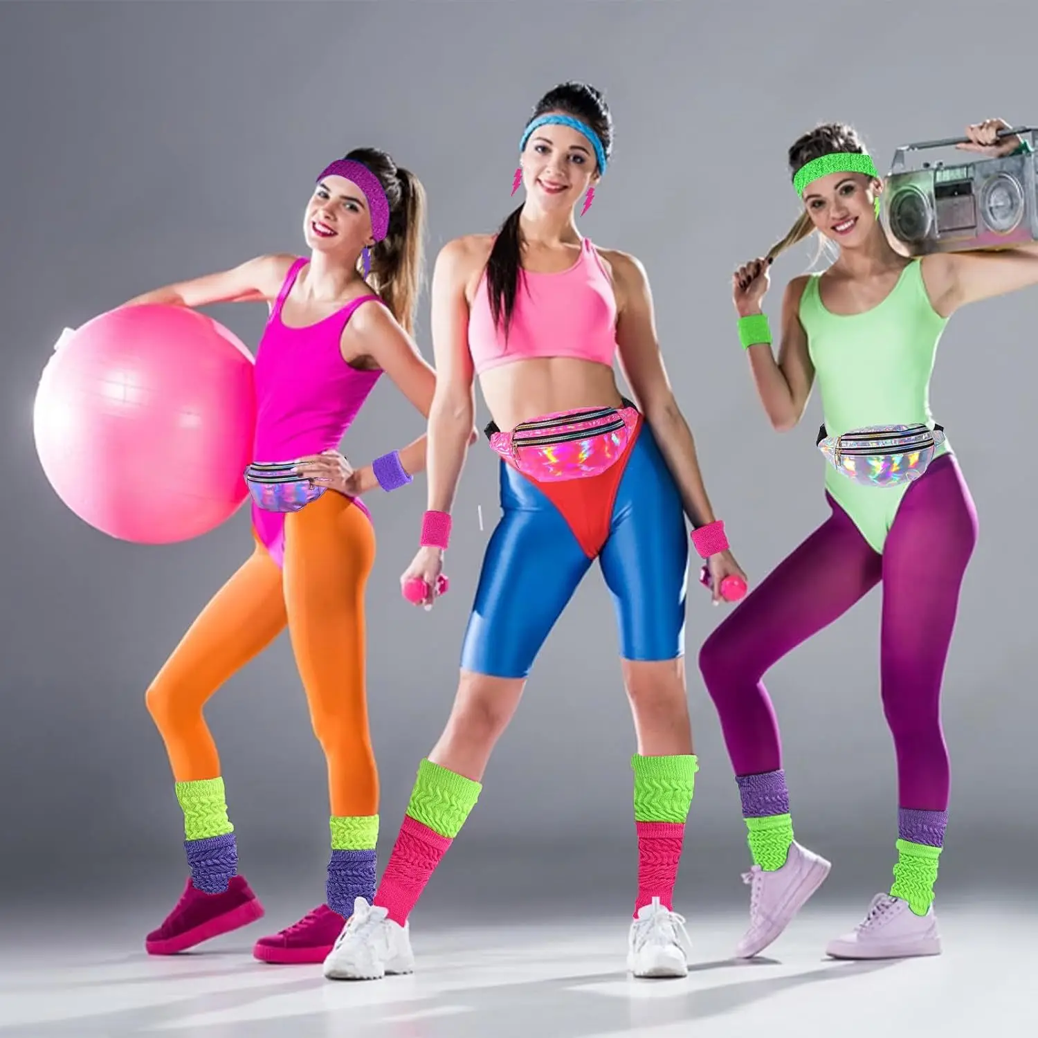 80s menina cosplay cintura bandana brincos luvas de rede fanny pacote retro 80s festa traje acessórios feminino fantasia adereços