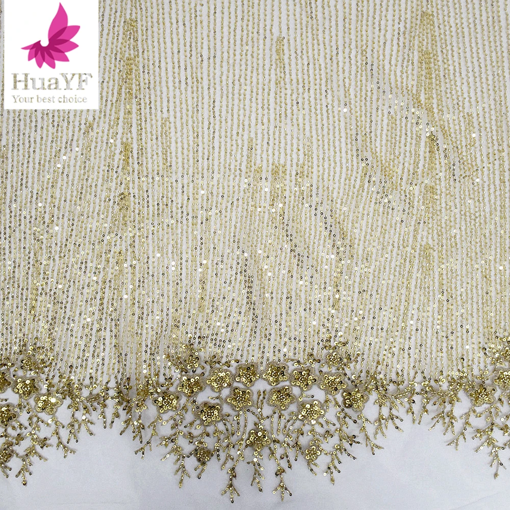 

Hot-selling Gold French Beaded Sequins Fabric Mesh Lace Bride Simple Wedding Dress Materials 5 Yards HY2488