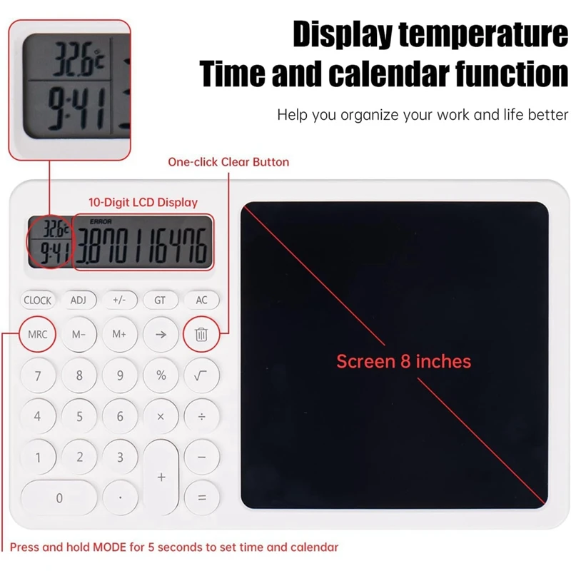 Desktop calculadora permanente com LCD Escrita Tablet, calendário eletrônico, temperaturas de tempo, branco, 2 em 1, 1 pc