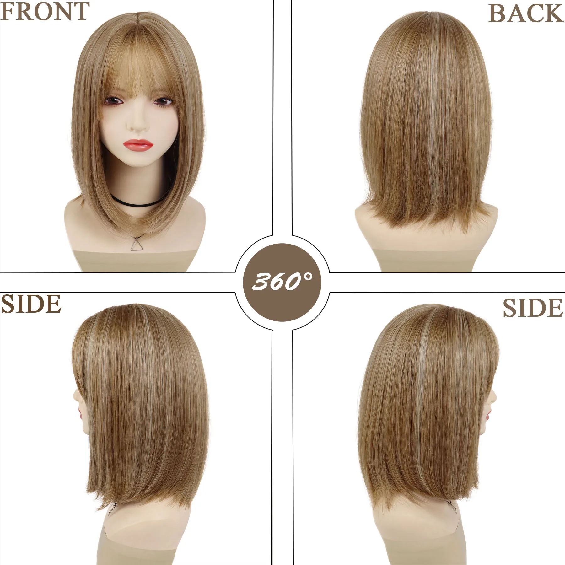 Synthetic Cosplay Wig 16 Inch Short Bob Brown Wig with Bangs Straight Hair for Women Natural Stylish Look Suitable for Costume
