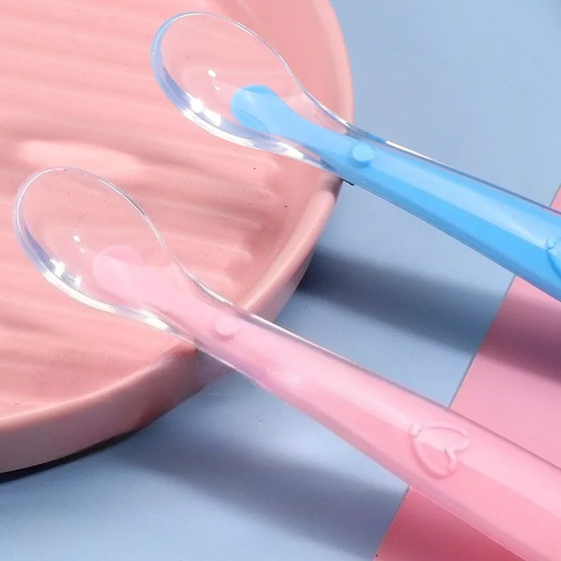 보관 상자가있는 아기 부드러운 실리콘 스푼 캔디 색상 온도 감지 스푼 어린이 식품 먹이 요리 피더 기기