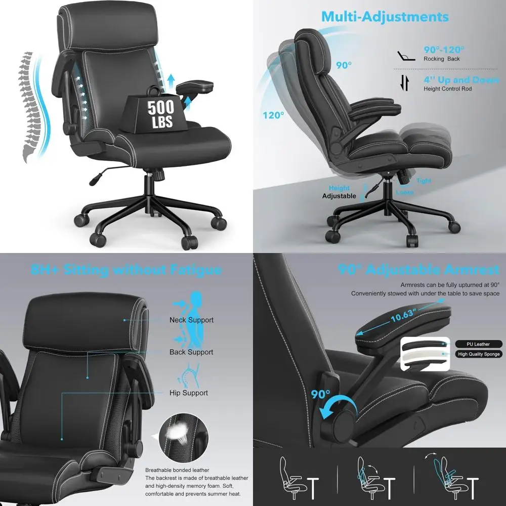 

ergonomic high-back leather office chair for heavy users, 500lbs capacity, flip-up armrests