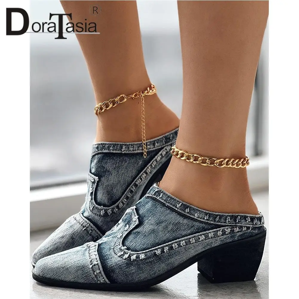 Brand New Ladies Pointed Toe Slides Fashion Chunky High Heels Summer women's Slippers Casual Party Retro Woman Shoes