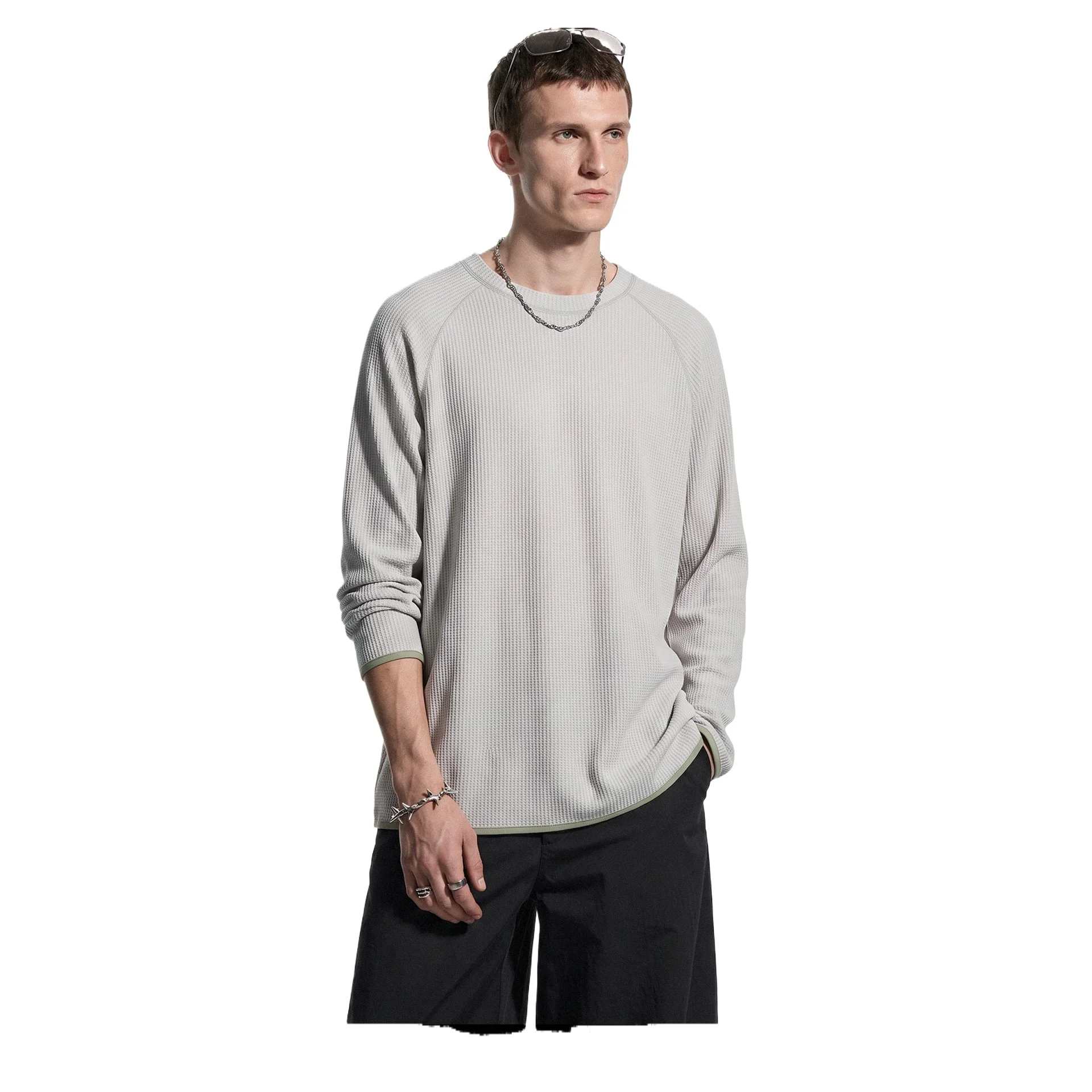 Waffle Knit Color Block High Neck Raglan Sleeve Long‑sleeve Top 2026 Autumn Fresh Arrival Old Money Style Relaxed Unisex Tee