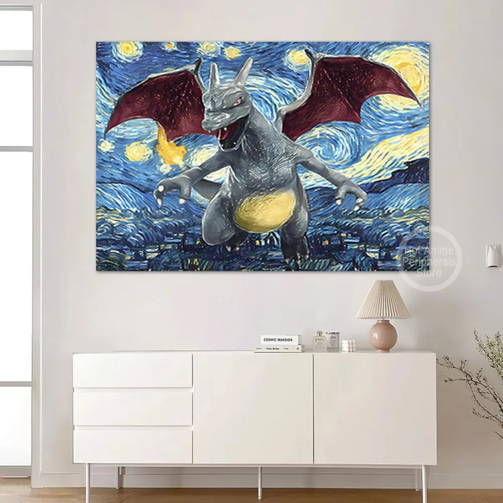 Affiche sur toile Pokémon Van Gogh, la nuit étoilée, anime périphérique, peinture d'art, image Charizard Blastoise, décoration murale, cadeaux pour enfants