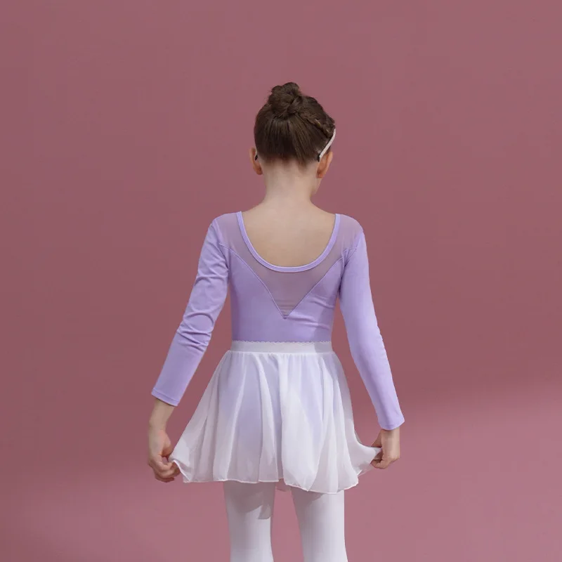 키즈 소녀 체조 레오타드 Bailarina Dancewear 의상 전면 및 후면 V 자형 탄성 메쉬 댄스 발레 어린이 공연