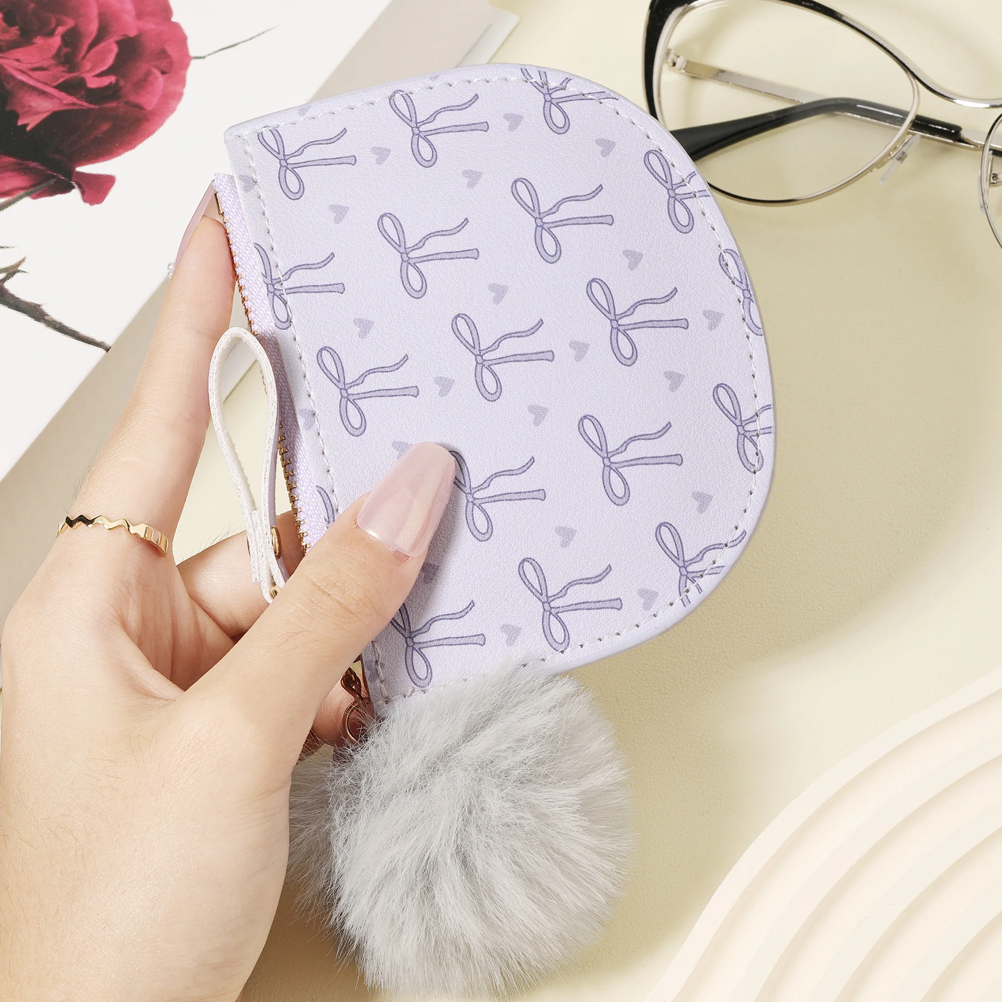 Card clip ultra-thin, lightweight, portable cash ID card, credit card coin pocket wallet With a Pom pom Charm, stylish zipper co