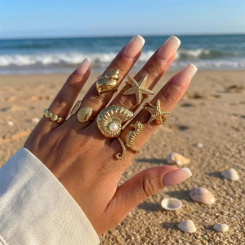 7-teiliges Ozean-Ringset für Damen, goldfarben, stapelbar, Seestern, Seepferdchen, Muschel, Kunstperle, Strandurlaub, Resort-Schmuck