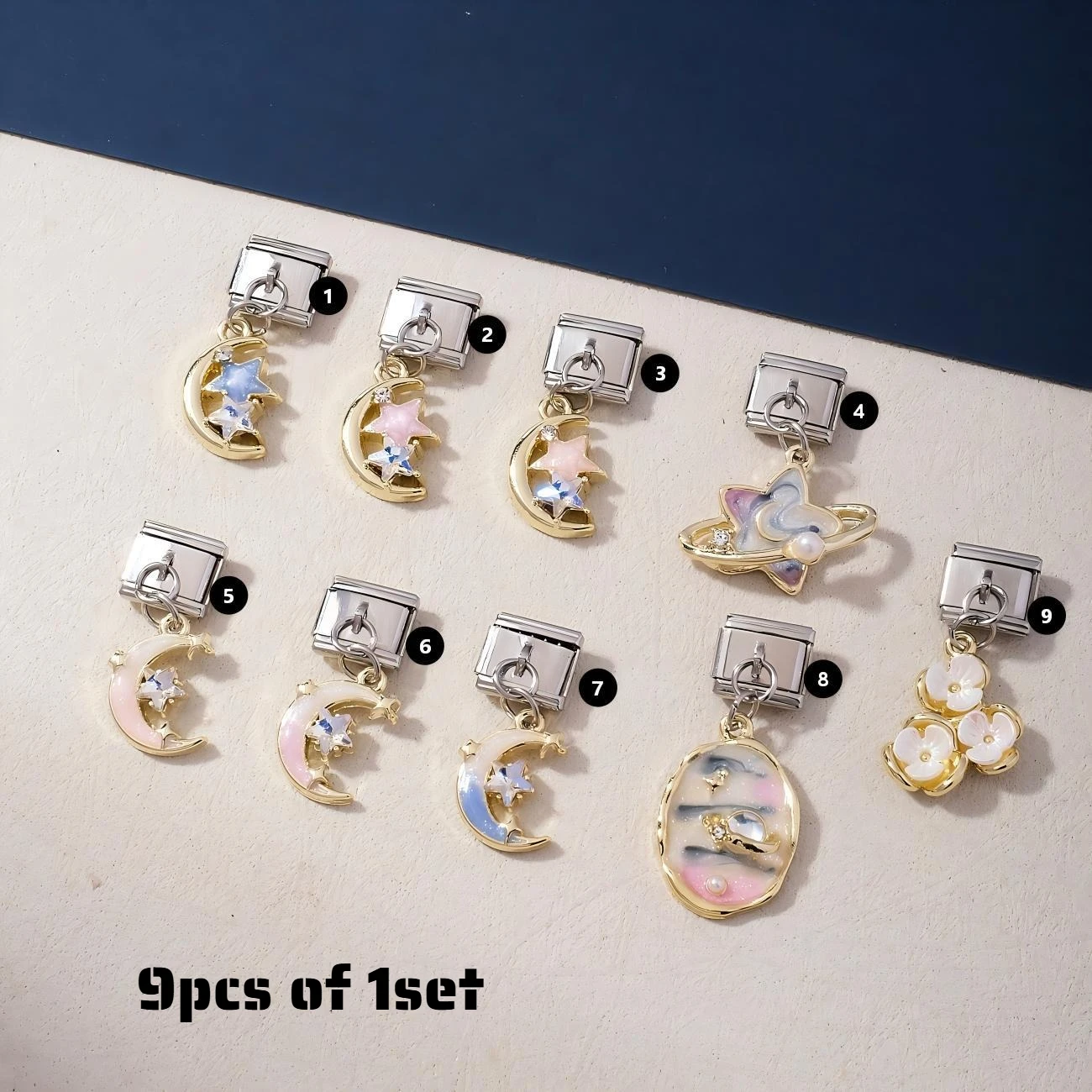 9Pcs Italian Modular Bracelet Charms Set Moon Star Planet Flower Pendant Link DIY Watch Band Bracelet Jewelry Making Accessories